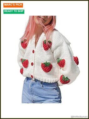 Women's Button Down Cable Knit Crop Cardigan V Neck Oversized Jumper Sweater